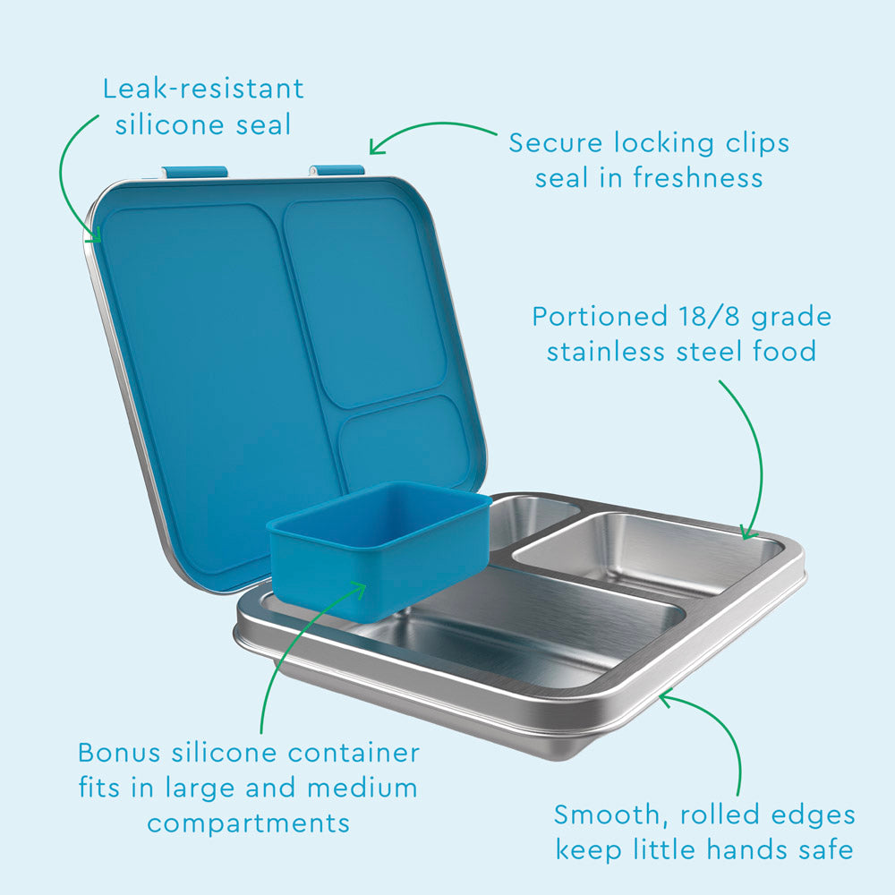 Bentgo® Kids Stainless Steel Prints Lunch Box  - Dinosaur | Leak-Resistant Silicone Seal, Secure Locking Clips Seal In Freshness, Portioned 18/8 Grade Stainless Steel Food, Bonus Silicone Container Fits In Large And Medium Compartments, And Smooth, Rolled Edges Keep Little Hands Safe