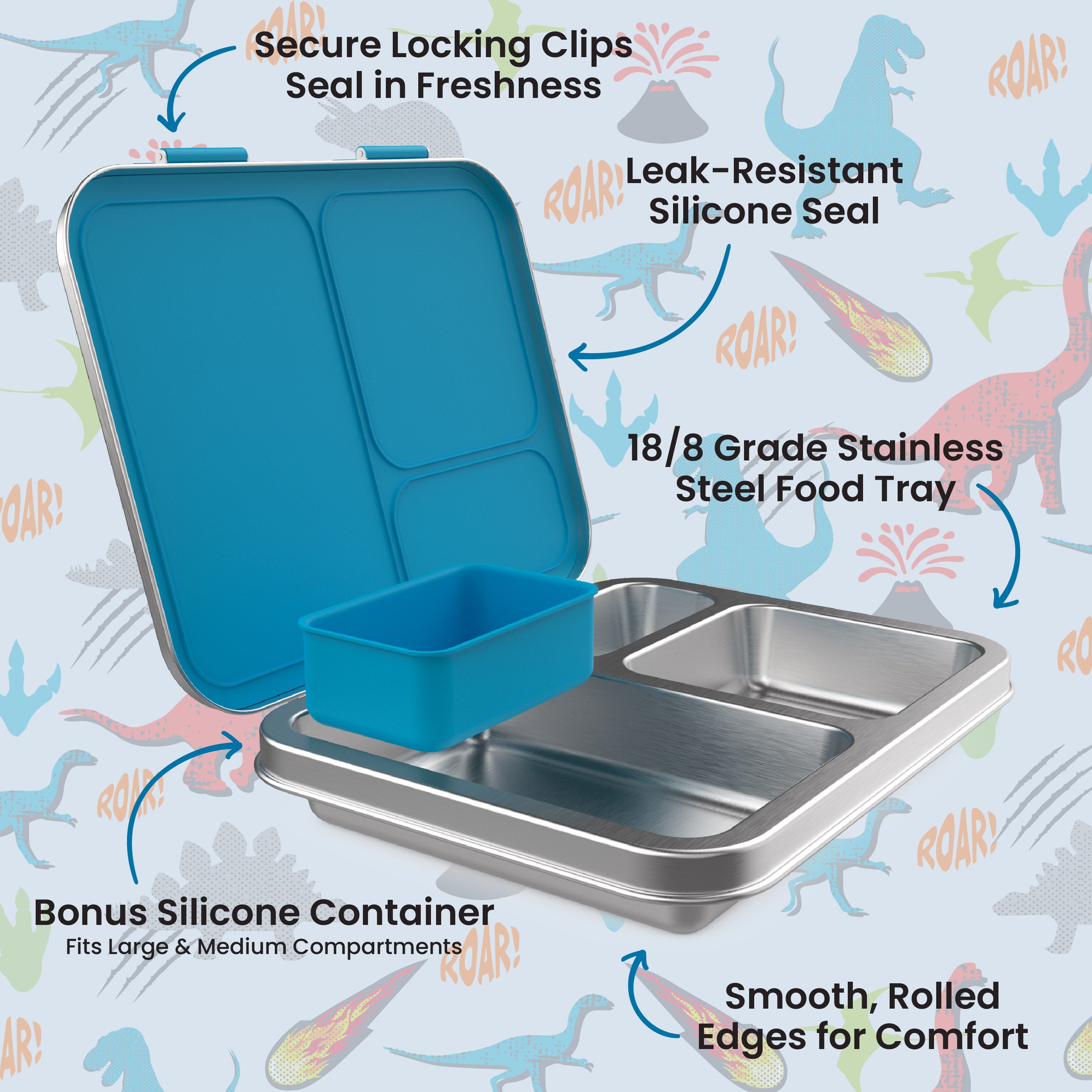 Bentgo® Kids Stainless Steel Prints Lunch Box  - Dinosaur | Secure Locking Clips - Seals In Freshness, Leak-Resistant Silicone Seal, 18/8 Grade Stainless Steel Food Tray, Smooth Rolled Edges For Comfort, Bonus Silicone Container - Fits Large & Medium Compartments