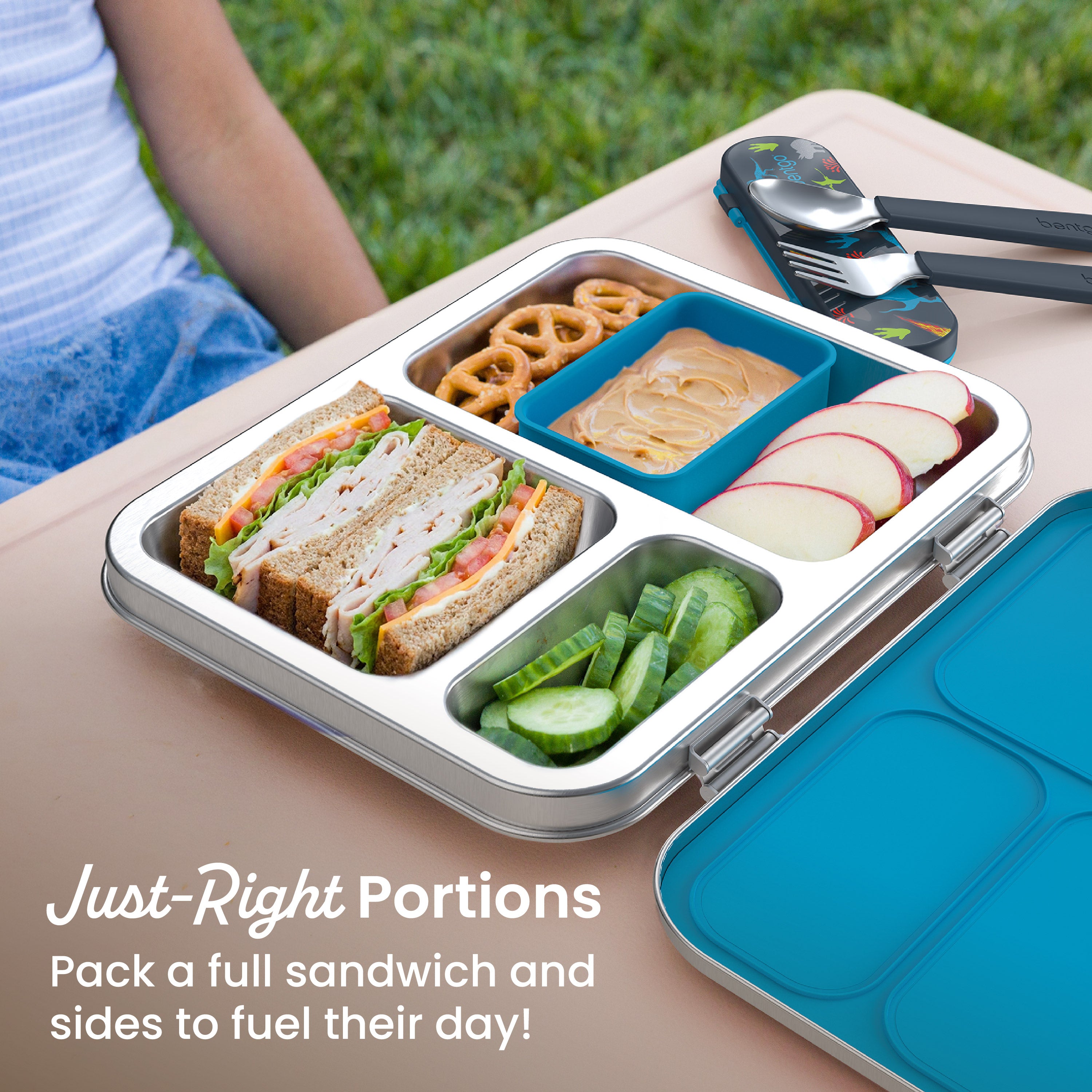 Bentgo® Kids Stainless Steel Prints Lunch Box  - Dinosaur | Secure Locking Clips - Seals In Freshness, Leak-Resistant Silicone Seal, 18/8 Grade Stainless Steel Food Tray, Smooth Rolled Edges For Comfort, Bonus Silicone Container - Fits Large & Medium Compartments