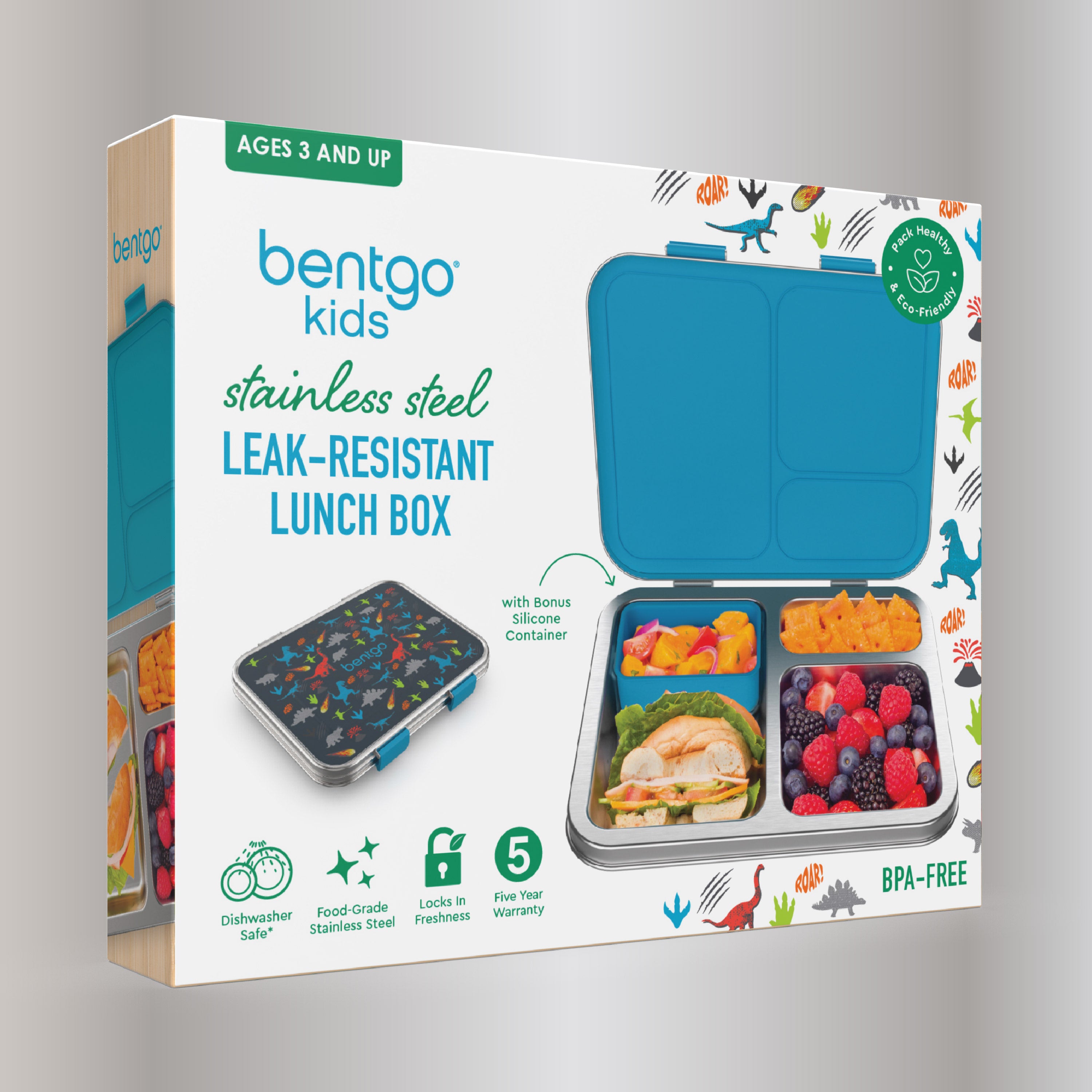 Bentgo® Kids Stainless Steel Prints Lunch Box  - Dinosaur | Packaging