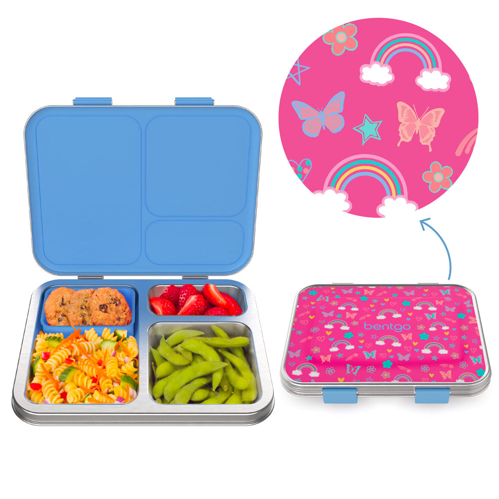 Bentgo Kids Stainless Steel Prints Lunch Box | Lunch Box for Kids Rainbows and Butterflies