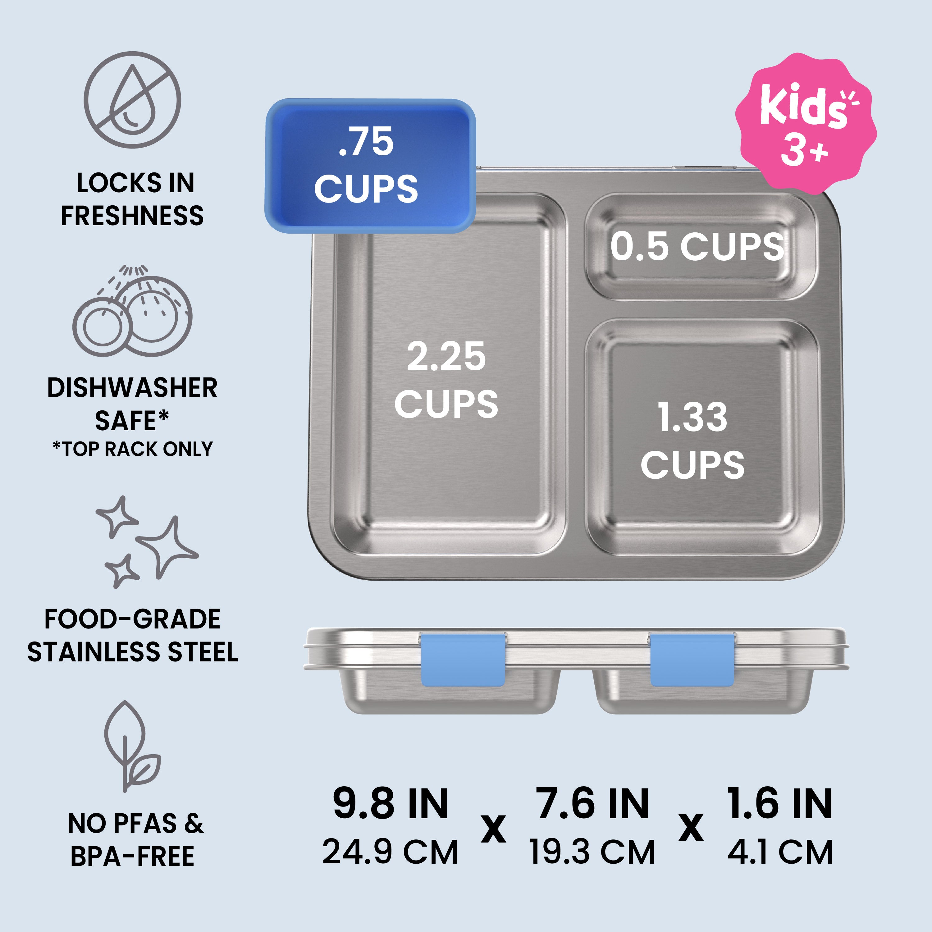 Bentgo® Kids Stainless Steel Prints Lunch Box  - Rainbows and Butterflies | Locks In Freshness, Dishwasher Safe (Top Rack Only), Food-Grade Stainless Steel, and No PFAS & BPA-Free | Product Dimensions