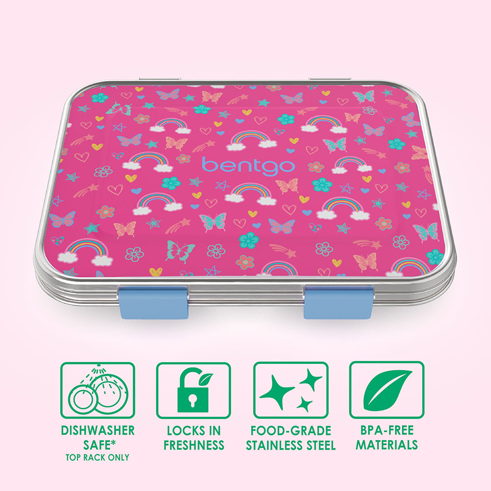 Bentgo® Kids Stainless Steel Prints Lunch Box  - Rainbows and Butterflies | Dishwasher Safe (Top Rack Only), Locks In Freshness, Food-Grade Stainless Steel, And Made With BPA-Free Materials