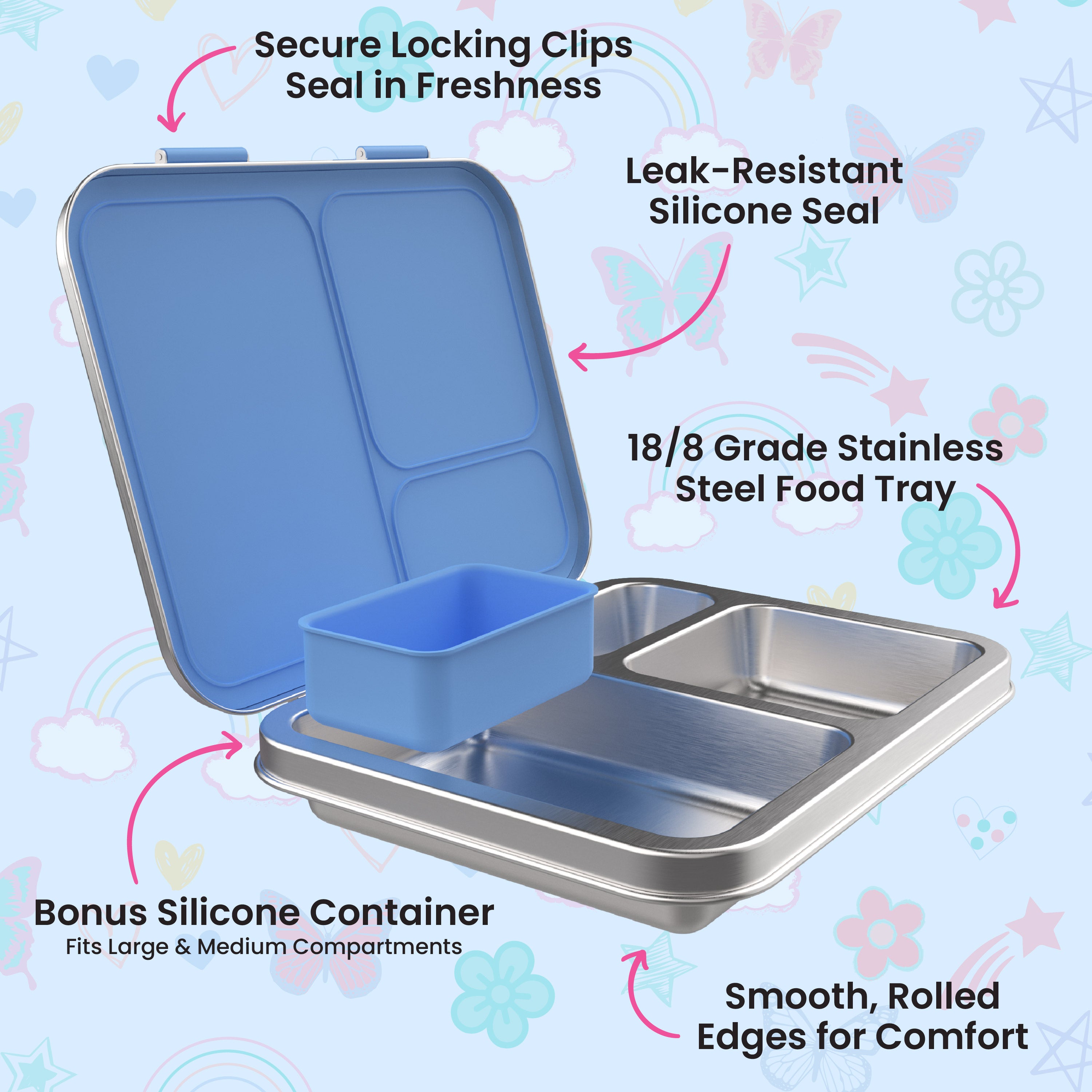 Bentgo® Kids Stainless Steel Prints Lunch Box  - Rainbows and Butterflies | Secure Locking Clips - Seals In Freshness, Leak-Resistant Silicone Seal, 18/8 Grade Stainless Steel Food Tray, Smooth Rolled Edges For Comfort, Bonus Silicone Container - Fits Large & Medium Compartments