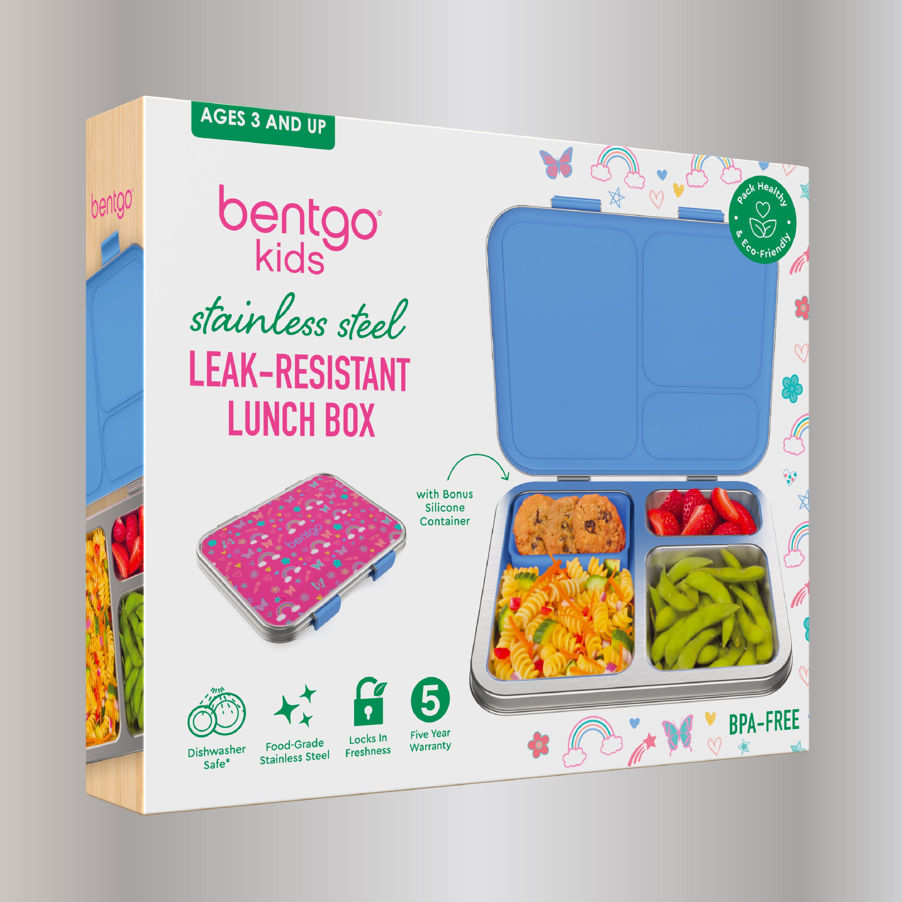 Bentgo® Kids Stainless Steel Prints Lunch Box  - Rainbows and Butterflies | Packaging