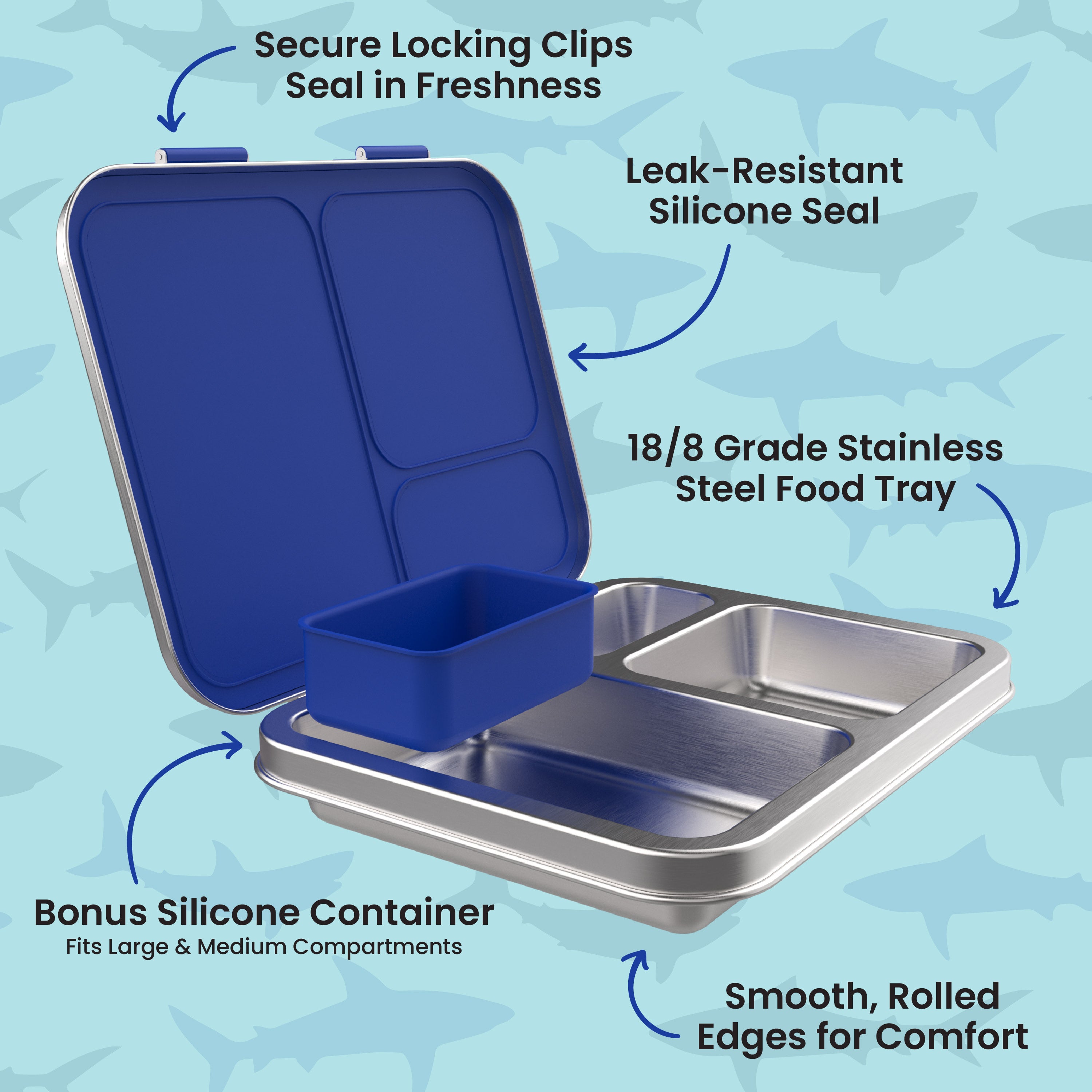 Bentgo® Kids Stainless Steel Prints Lunch Box  - Sharks | Secure Locking Clips - Seals In Freshness, Leak-Resistant Silicone Seal, 18/8 Grade Stainless Steel Food Tray, Smooth Rolled Edges For Comfort, Bonus Silicone Container - Fits Large & Medium Compartments