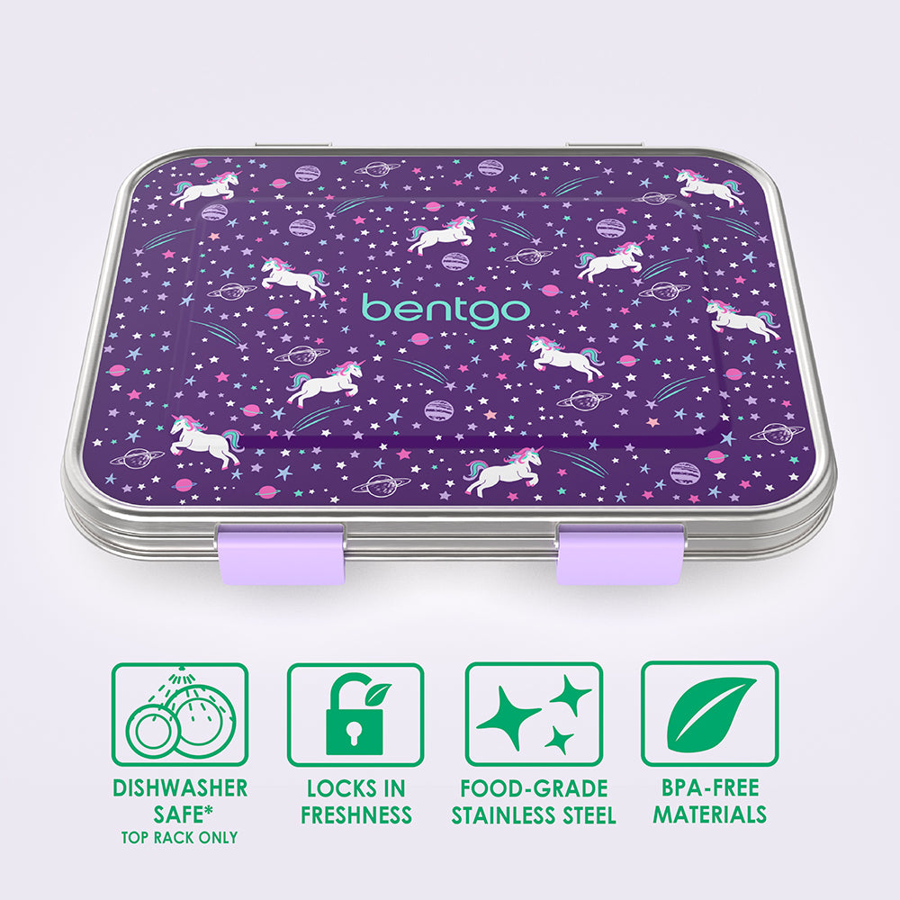 Bentgo® Kids Stainless Steel Prints Lunch Box  - Unicorn | Dishwasher Safe (Top Rack Only), Locks In Freshness, Food-Grade Stainless Steel, And Made With BPA-Free Materials