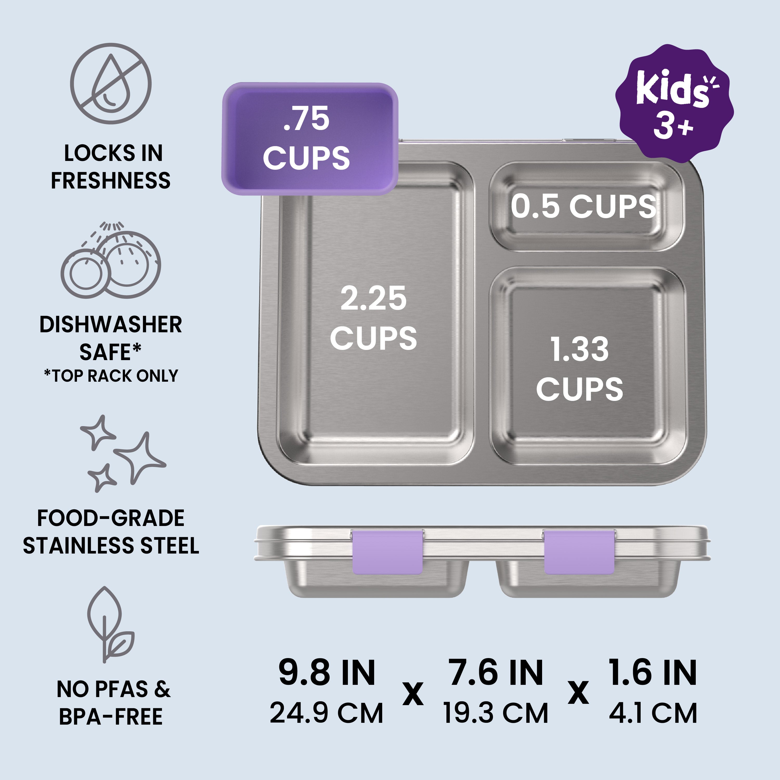 Bentgo® Kids Stainless Steel Prints Lunch Box  - Unicorn | Locks In Freshness, Dishwasher Safe (Top Rack Only), Food-Grade Stainless Steel, and No PFAS & BPA-Free | Product Dimensions