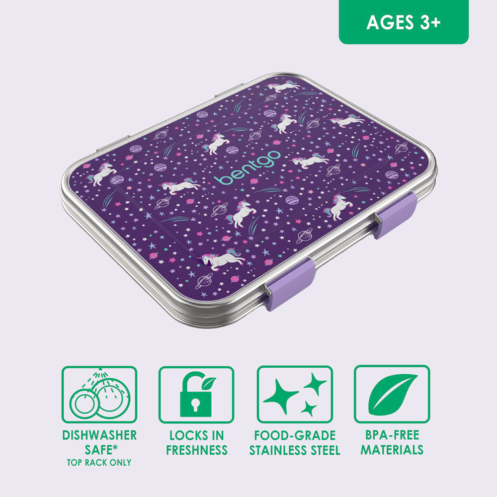 Bentgo® Kids Stainless Steel Prints Lunch Box  - Unicorn | Dishwasher Safe, Locks In Freshness, Food-Grade Stainless Steel, And Made With BPA-Free Materials