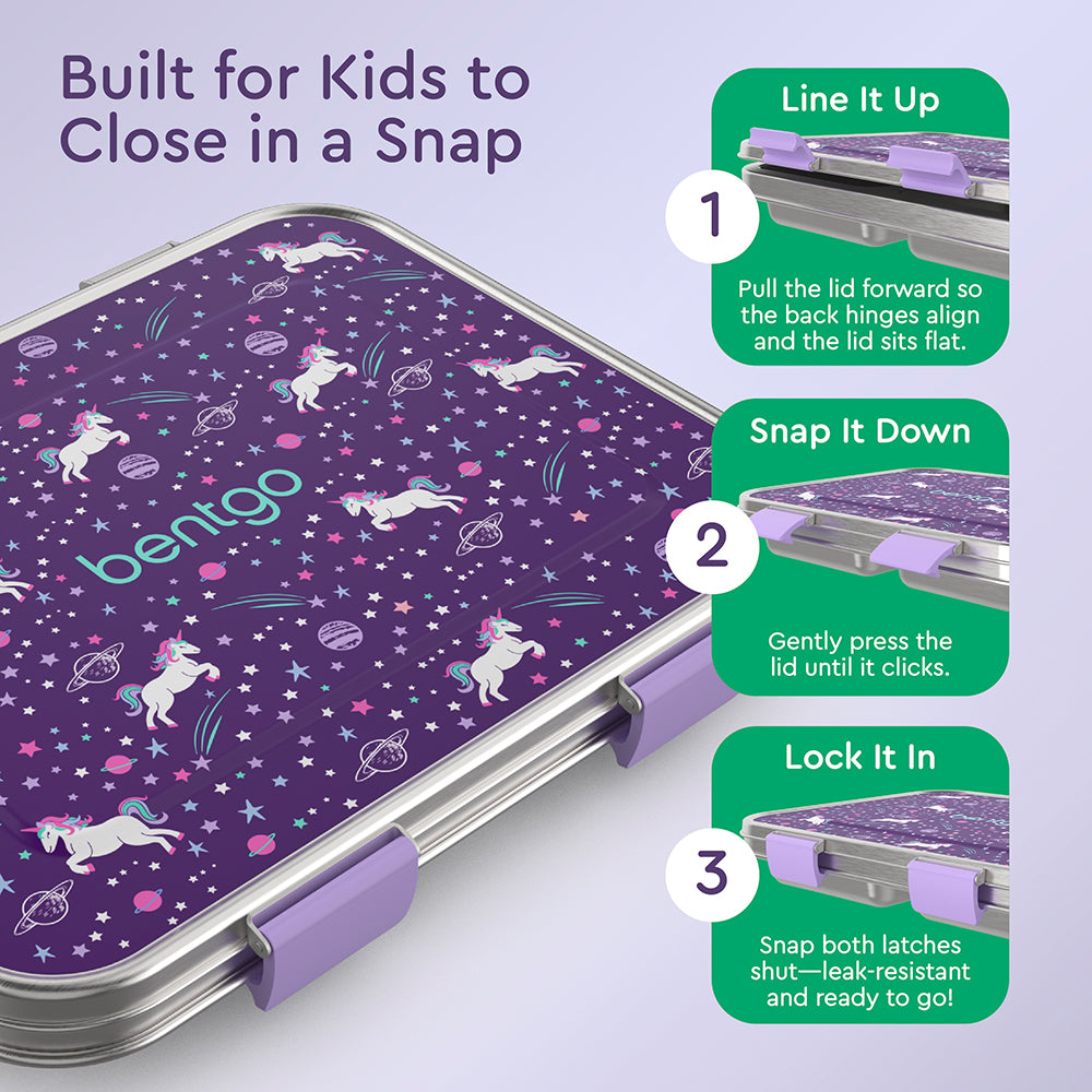 Bentgo® Kids Stainless Steel Prints Lunch Box  - Unicorn | Built for Kids to Close in a Snap | Line It Up, Snap It Down, and Lock It In