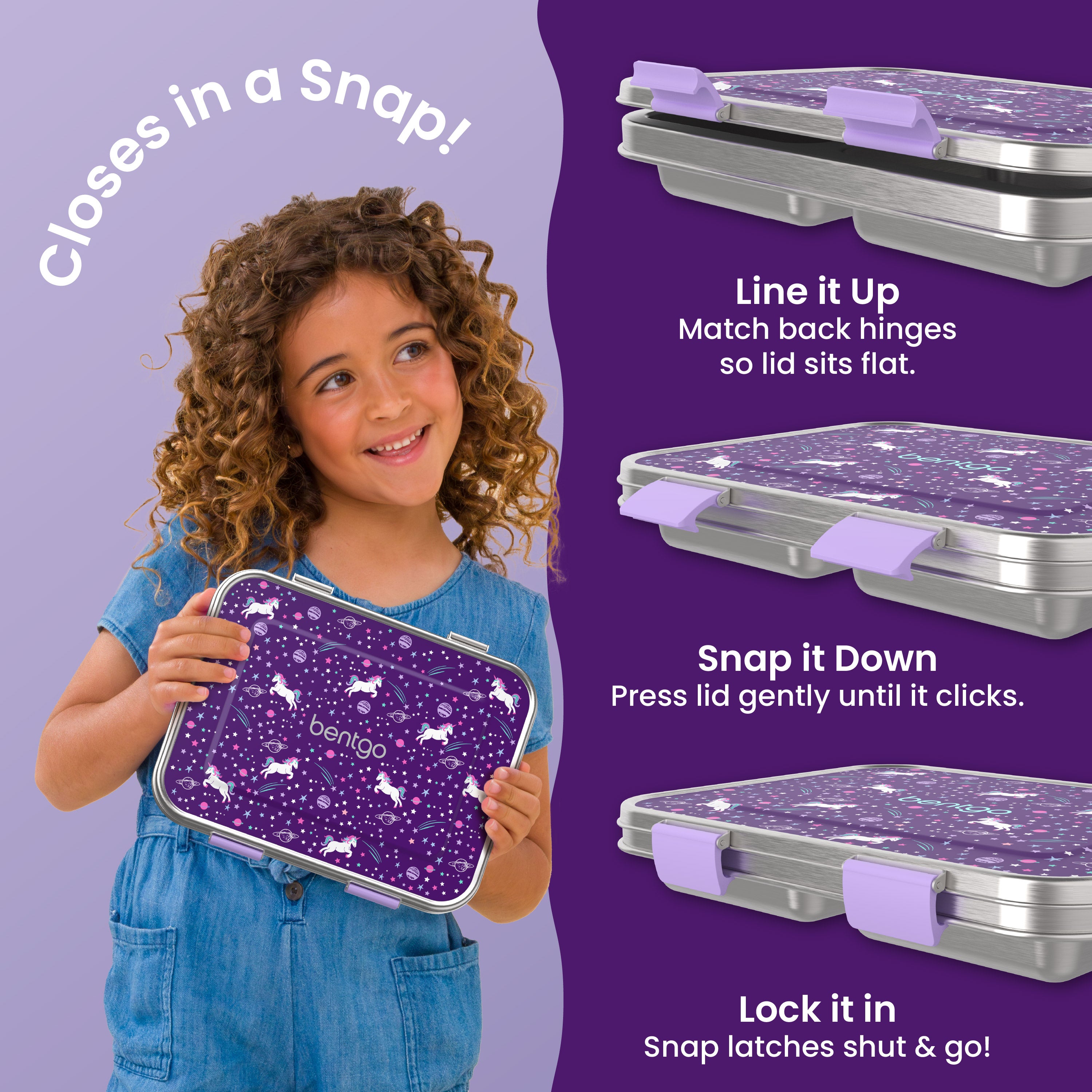 Bentgo® Kids Stainless Steel Prints Lunch Box  - Unicorn | Closes in a Snap | Line It Up - Match Back Hinges So Lid Sits Flat, Snap It Down - Press Lid Gently Until It Clicks, Lock It In - Snap Latches Shut & Go