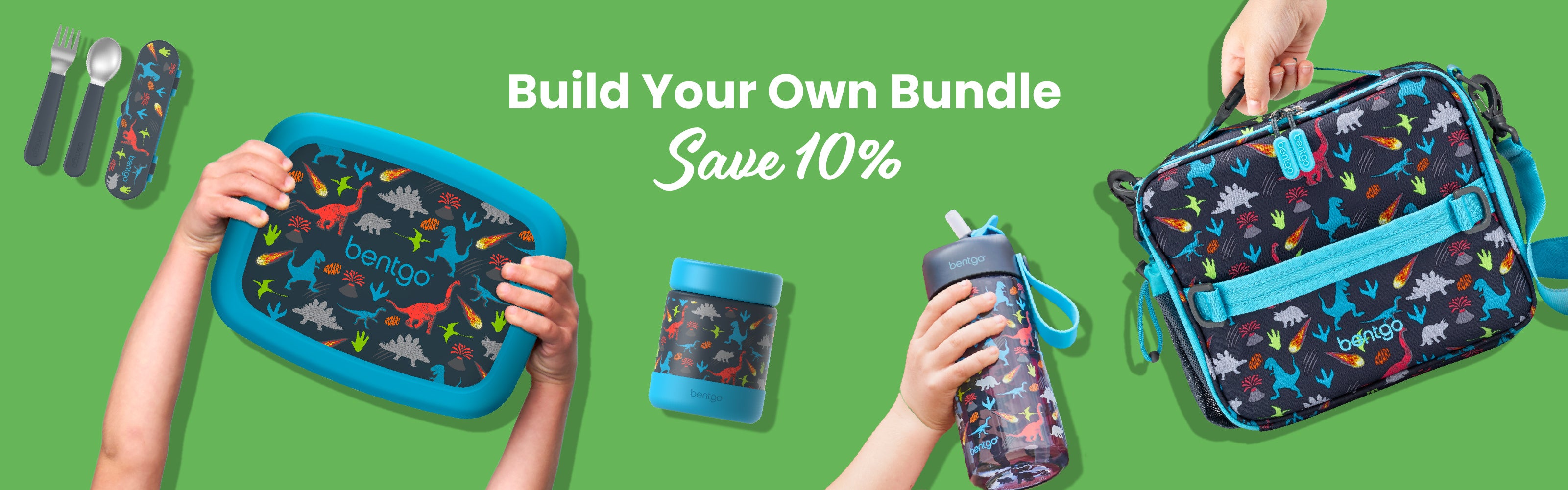 Children's lunch set with bag, container, and bottle on a green background with promotional text.