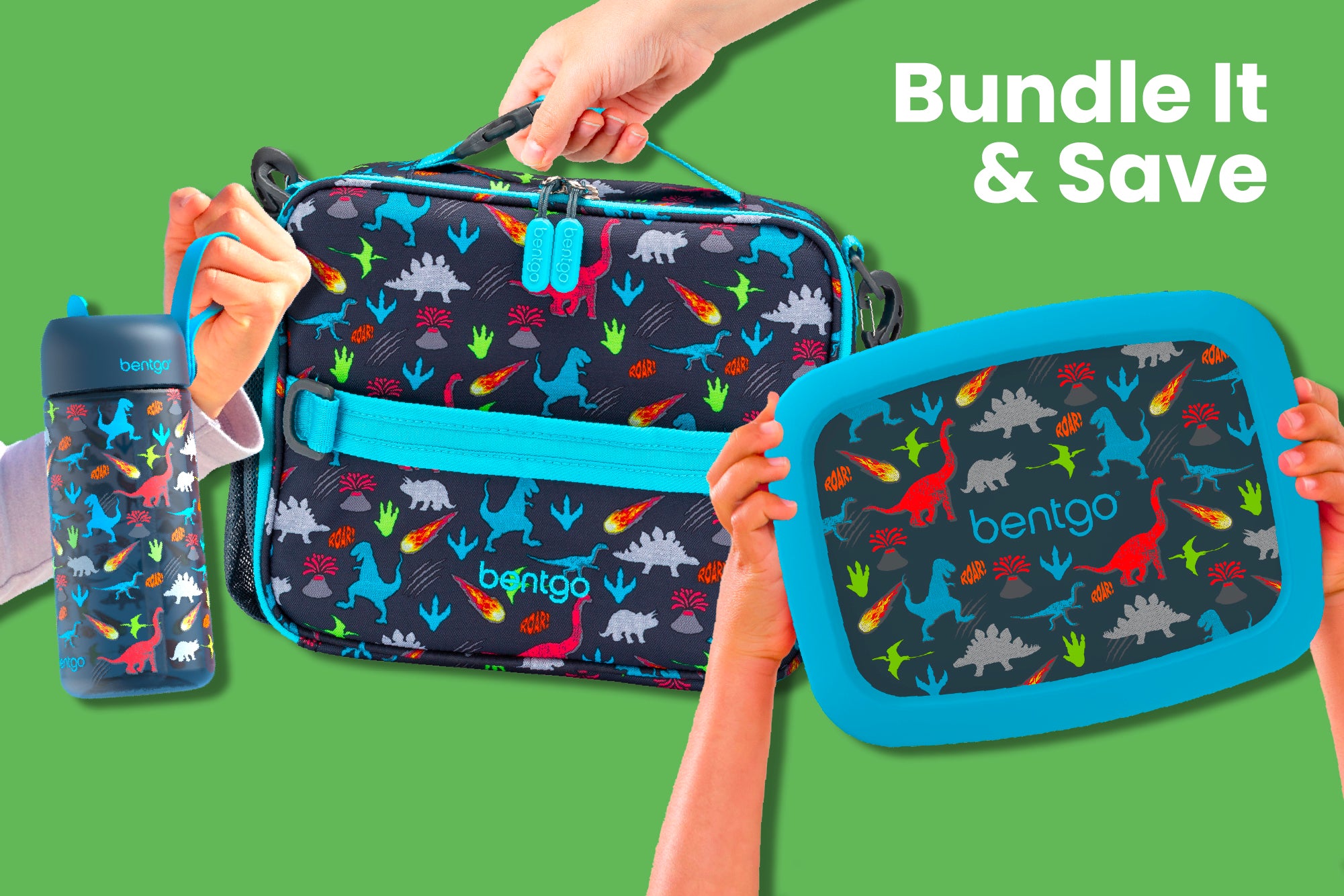 Bentgo lunch bag, container, and water bottle with dinosaur pattern on a green background