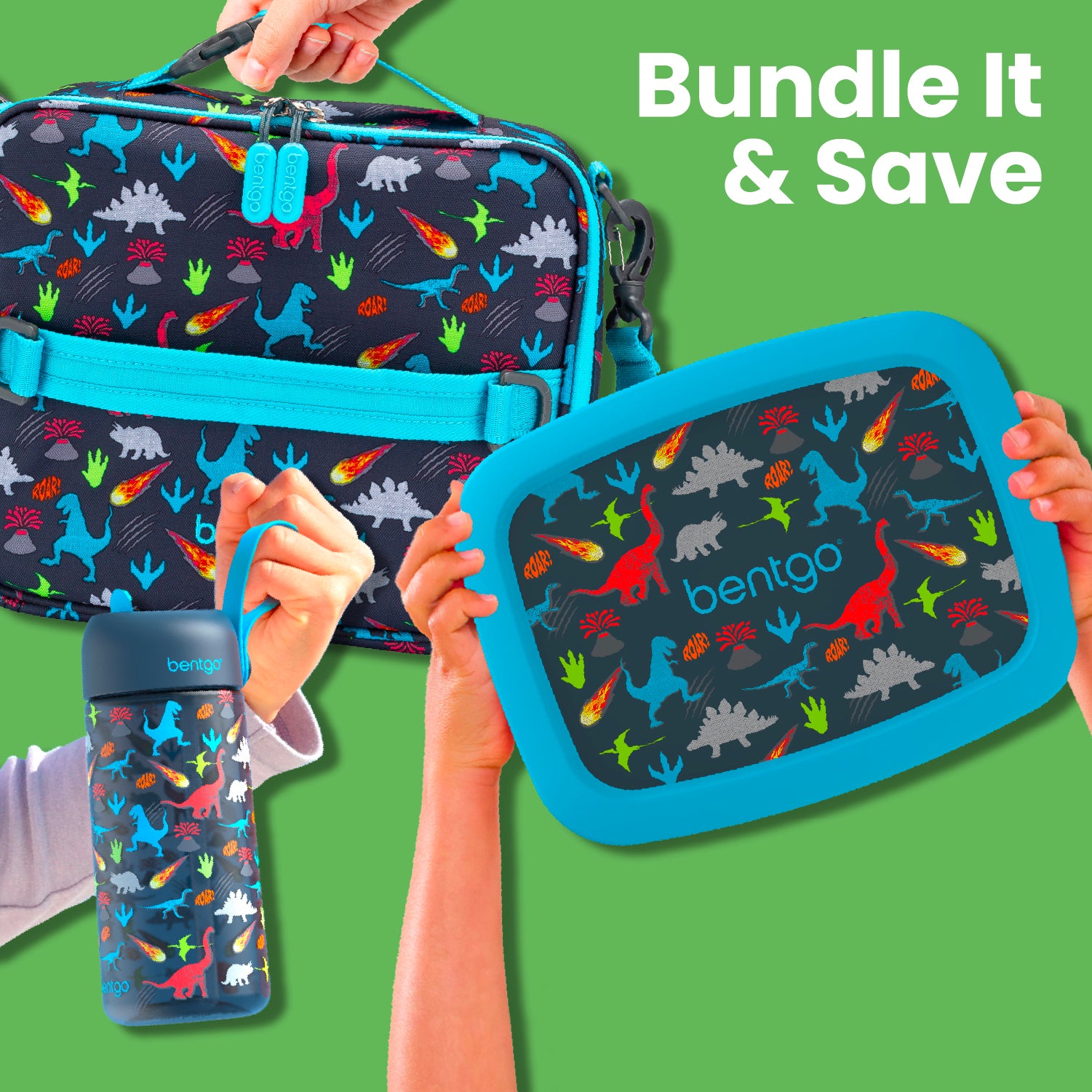 Bentgo lunch bag, snack pouch, and water bottle set with dinosaur pattern on a green background.