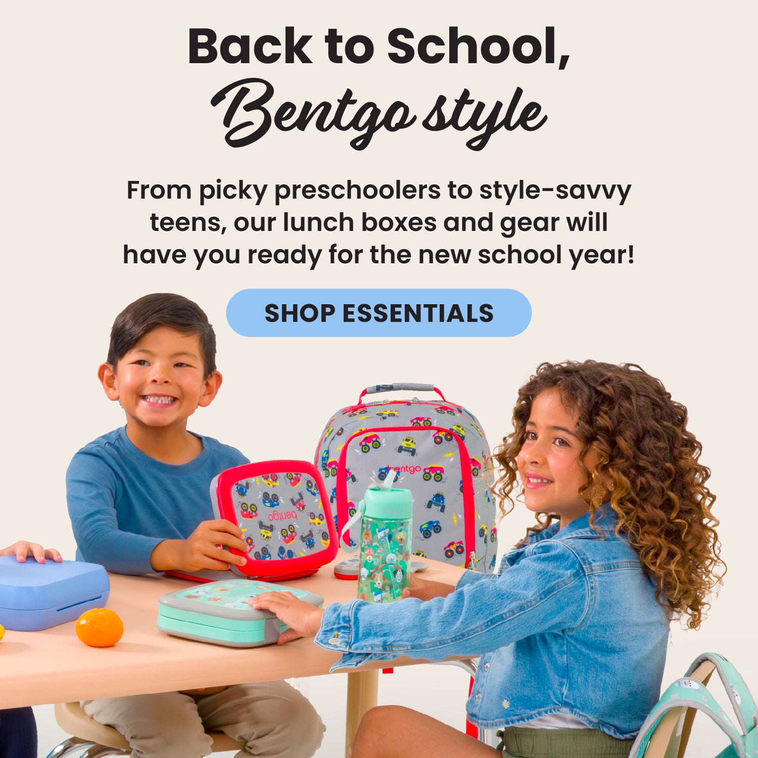Two children with lunch boxes and a backpack, promoting Bentgo lunch boxes and gear for school.
