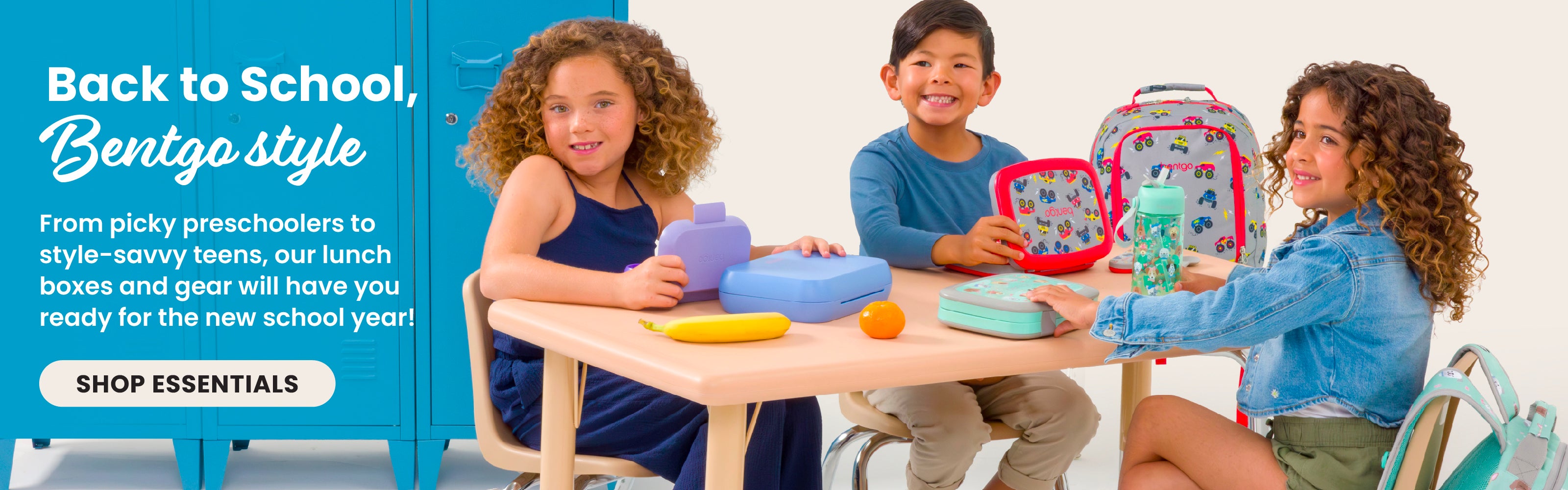 Children with Bentgo lunch boxes and bags on a table, with promotional text about lunch essentials.