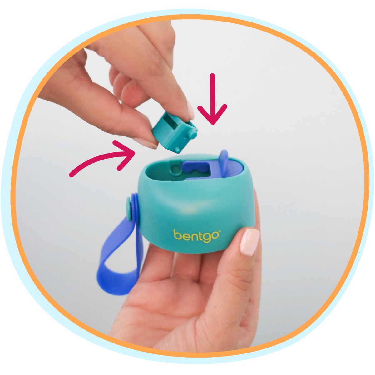 Teal and purple Bentgo container with a hand opening it, on a white background.