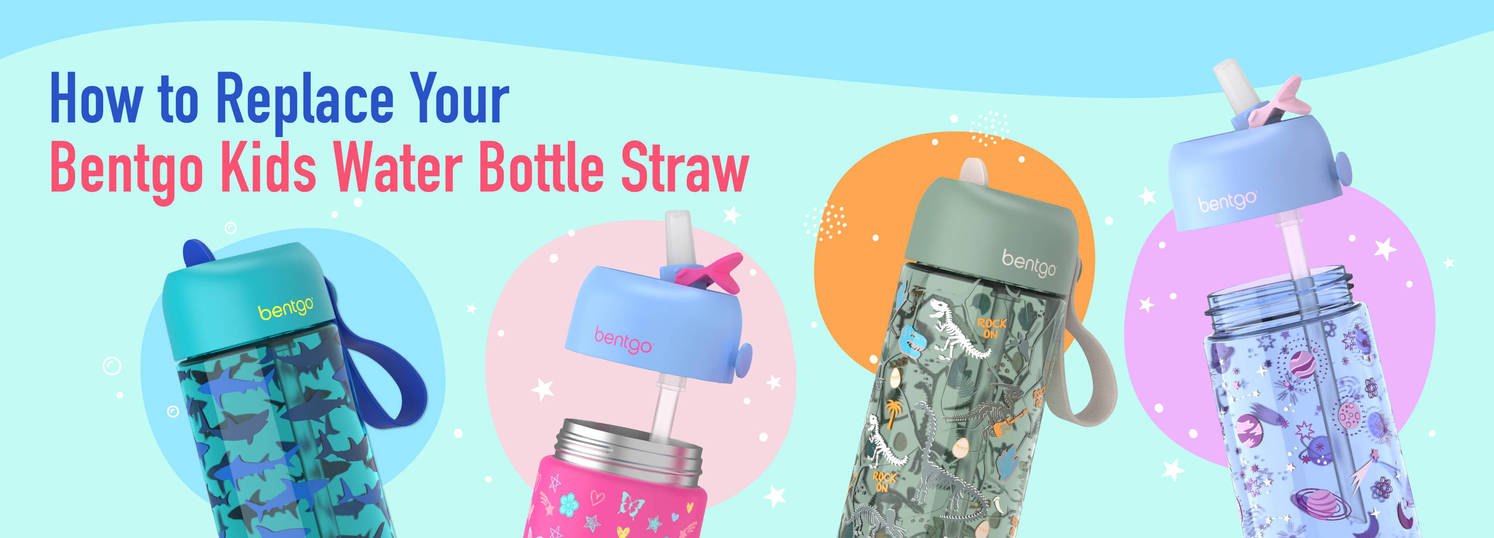 Bentgo Kids water bottles with colorful straws on a light blue background