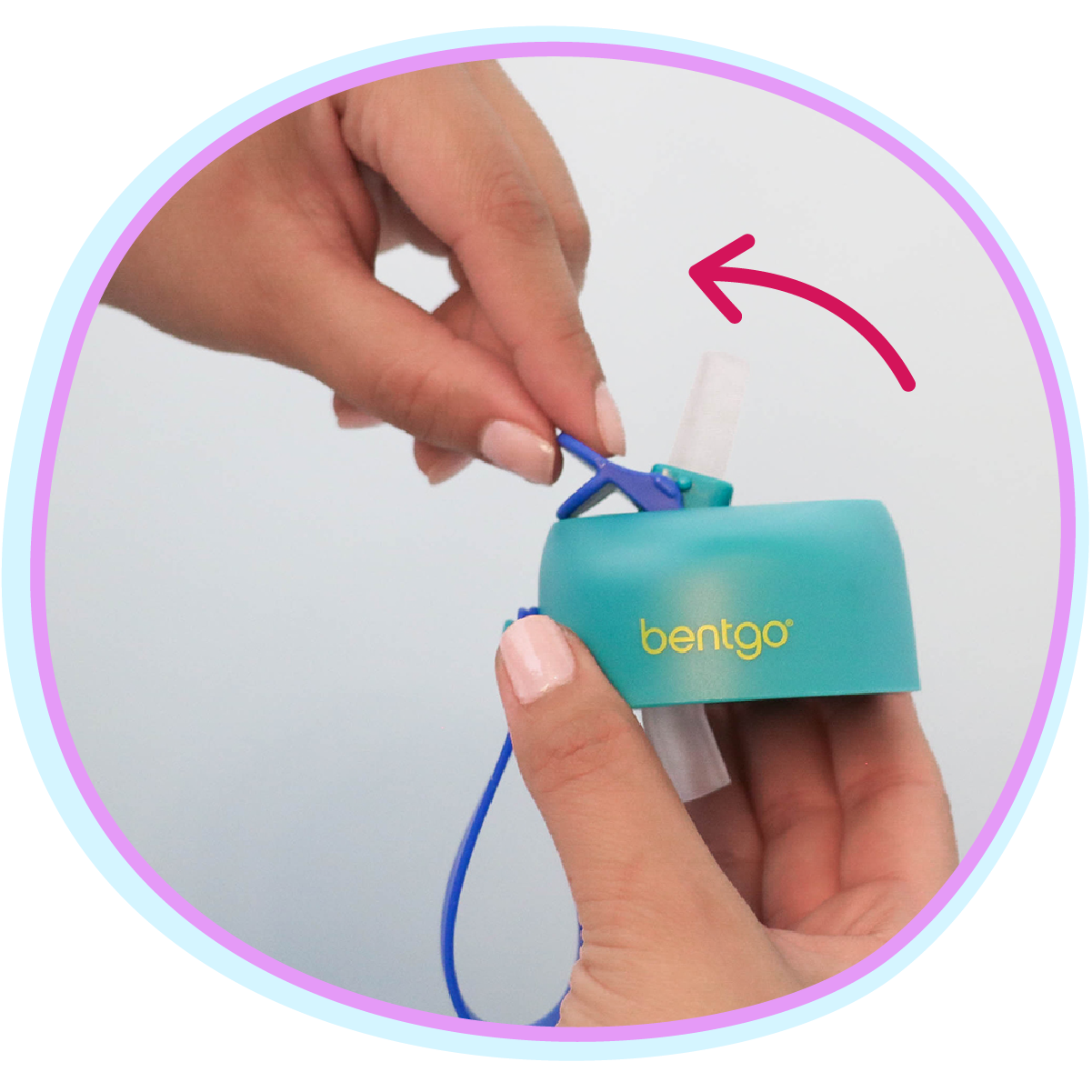 Teal water bottle with blue cap being held by a hand, featuring the 'bentgo' brand.