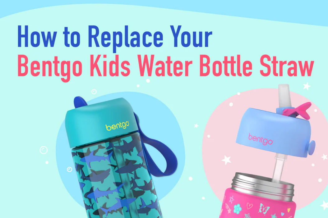Instructional graphic on replacing a Bentgo Kids water bottle straw with text and images of the water bottles.