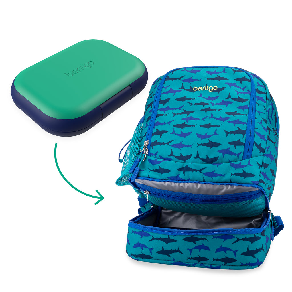 Bentgo 2-In-1 Backpack & Lunch Bag and Kids Chill Lunch Box - Sharks/Green