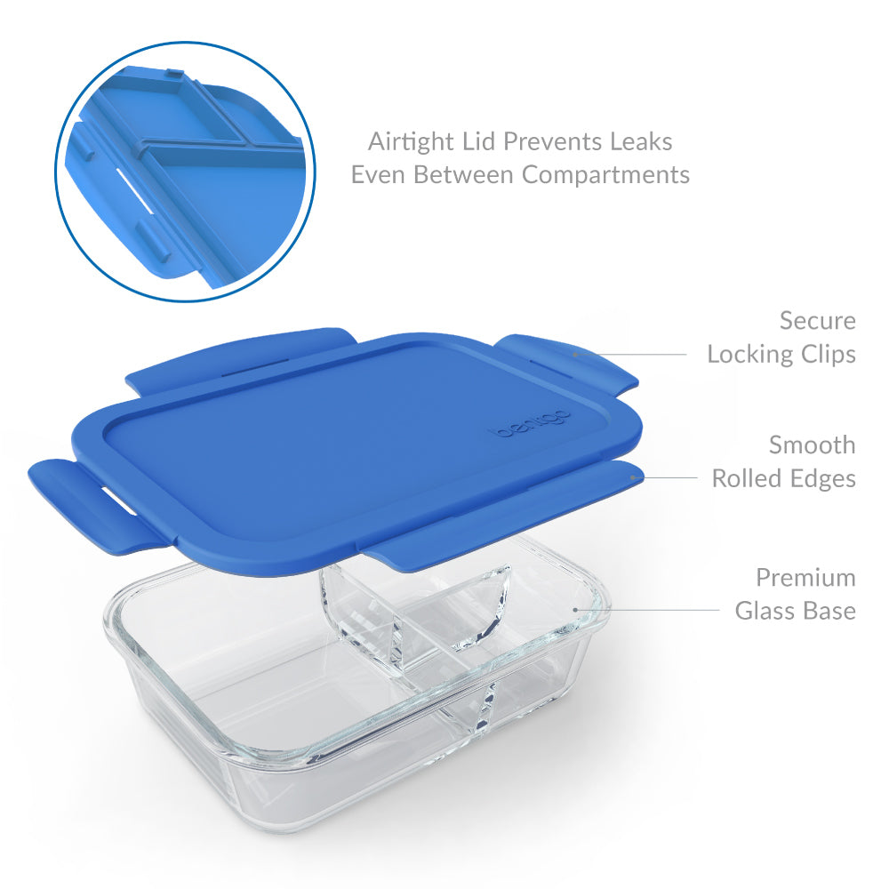 3-Pack] 3 Compartment Bento Box Leak Proof Glass Container - Free