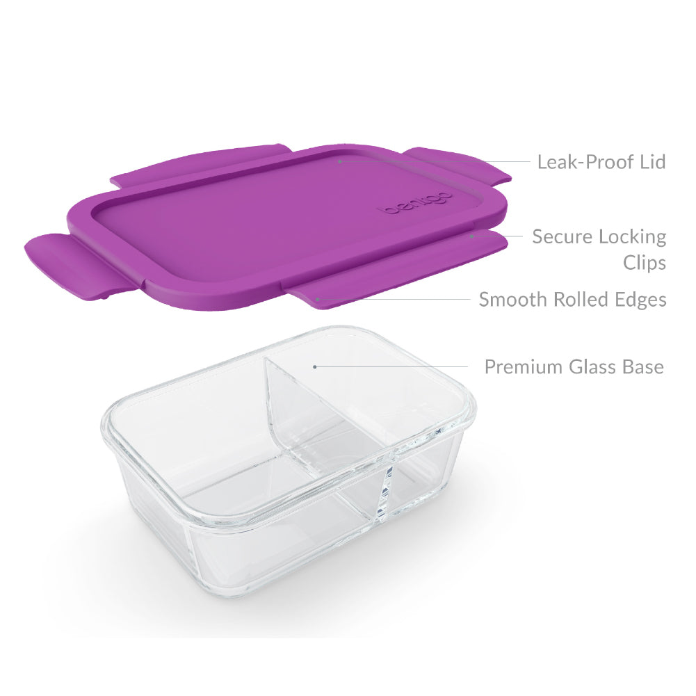 3-Pack] 2 Compartment Bento Box Leak Proof Glass Container - Free